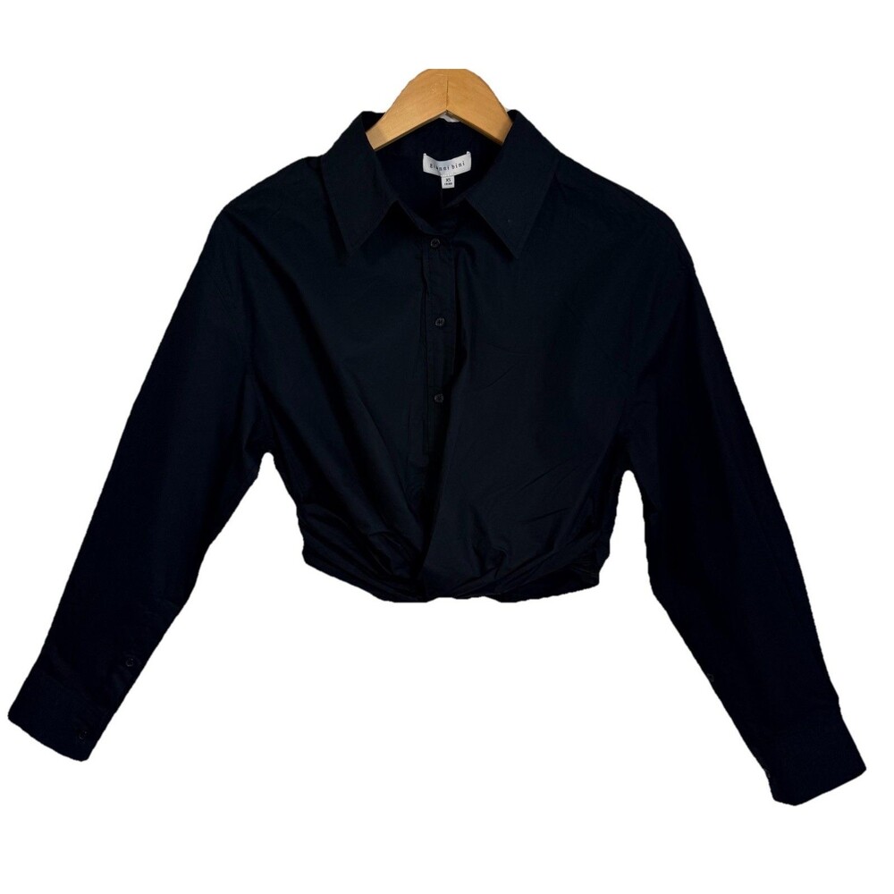 Gianni Bini Black Cotton Button Front Cropped Twist Shirt Sharp Fitted S